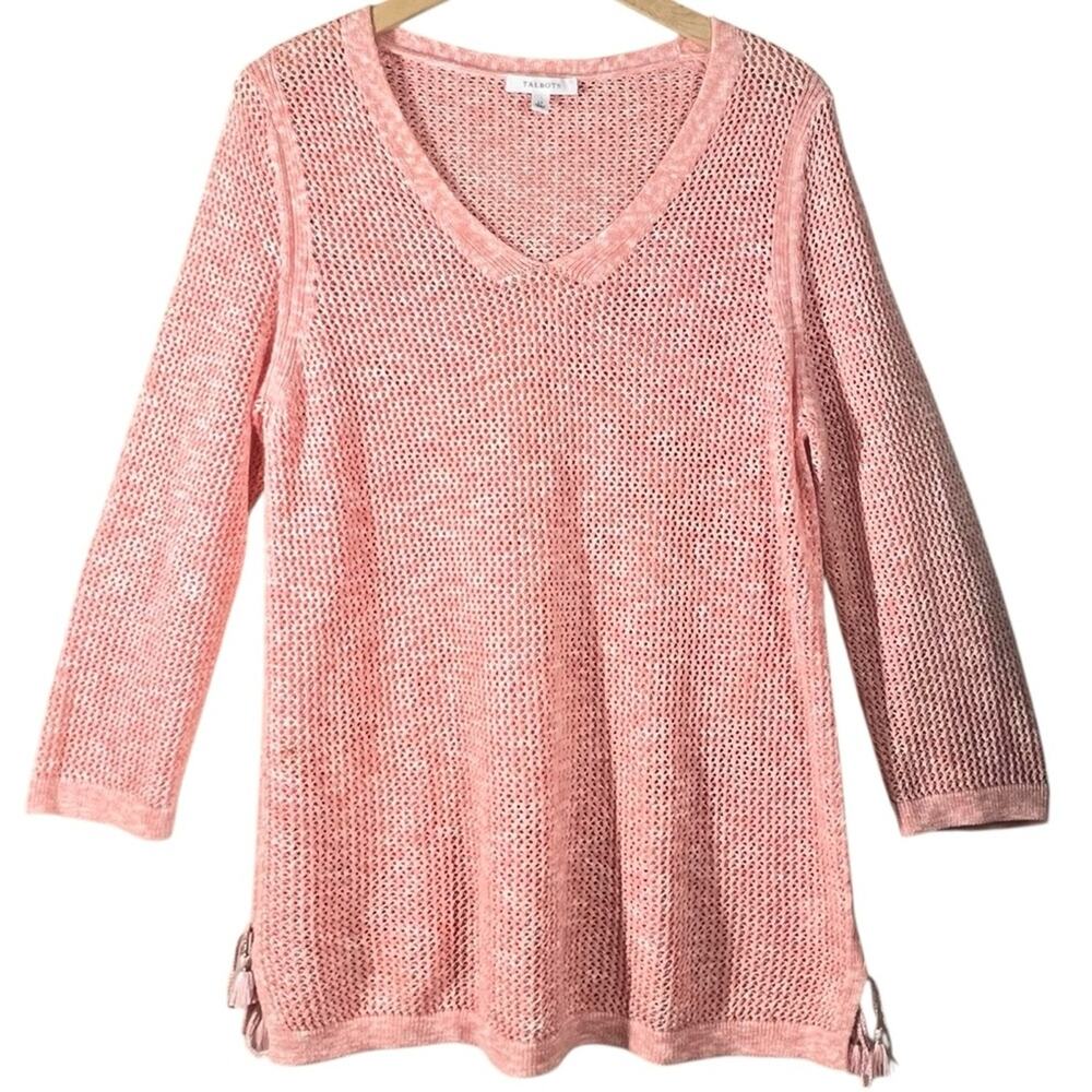 Talbots Mesh Tassel Side Tie Sweater L Petite Coral Pink Peach Space Dye Pima